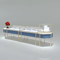 Modern Display Shelves With Blue White Design Metal Frame Glass Cabinet And Red Flower Bouquet
