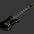 Sleek Black Electric Guitar with Wooden Grain Texture and Artistic Inlays