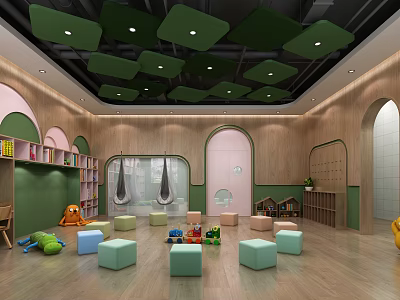 Kindergarten School Classroom With Green Pink Walls Round Windows And Colorful Stools 3d model