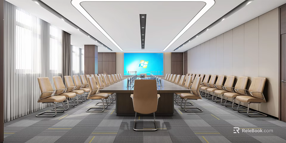 Modern Conference Room Interior With Long Table Large Screen Chairs And Ceiling Lighting 3d model