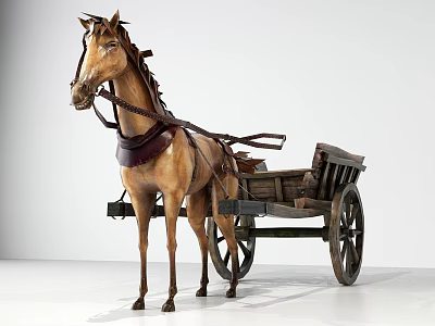 Horse-Drawn Wooden Wagon With Brown Horse Harness Spoked Wheels And Classic Design 3d model