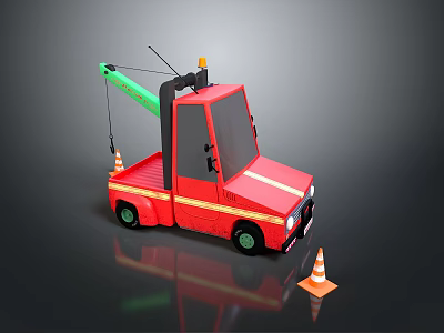 Red Functional Truck Featuring Green Crane Arm And Traffic Cones Design 3d model