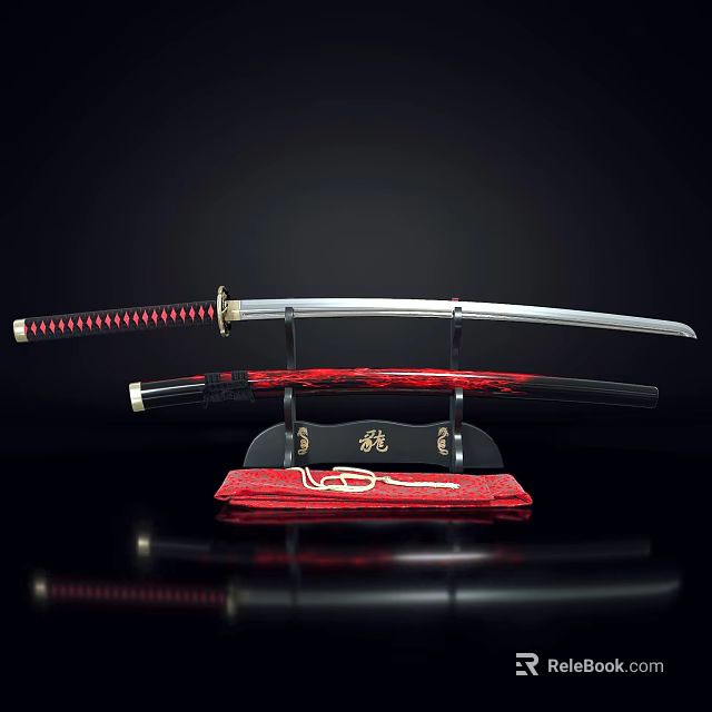Traditional Japanese Katana Sword With Red Scabbard On Black Stand And Red Base 3d model 