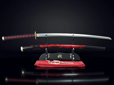 Traditional Japanese Katana Sword With Red Scabbard On Black Stand And Red Base 3d model