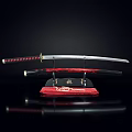 Traditional Japanese Katana Sword With Red Scabbard On Black Stand And Red Base