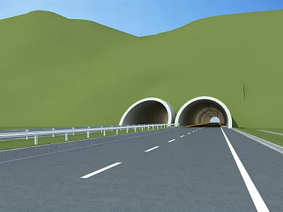 Road Infrastructure Featuring Twin Tunnels Road With Guardrails Green Hillsides And Blue Sky 3d model