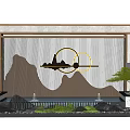 Modern Chinese Feature Wall Design With Mountain Pattern Circular Decoration Green Plants And Water Feature