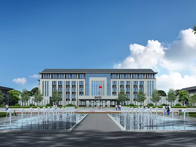 Modern Multistory School Building Design With Red Flag Front Fountains Green Trees And People Walking 3d model