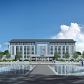 Modern Multistory School Building Design With Red Flag Front Fountains Green Trees And People Walking