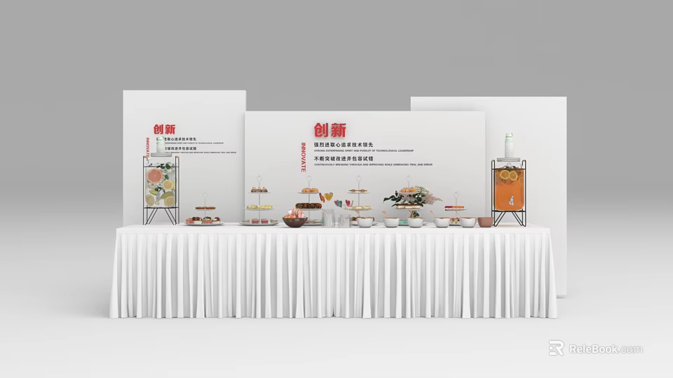 Innovative Coffee Break Area Setup With Display Boards Tiered Cake Stands And Refreshments 3d model 
