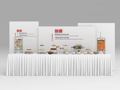 Innovative Coffee Break Area Setup With Display Boards Tiered Cake Stands And Refreshments 3d model