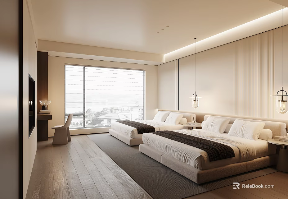 Minimalist Modern Hotel Room Interior With Twin Beds Large Windows Wooden Flooring And Pendant Lights 3d model 