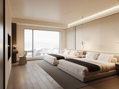 Minimalist Modern Hotel Room Interior With Twin Beds Large Windows Wooden Flooring And Pendant Lights 3d model