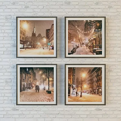 Four Landscape Paintings Of Winter City Streets With Snow Covered Scenes Street Lamps And Pedestrians 3d model
