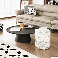 Modern Beige Sofa And Black Coffee Table Set With Marble Side Table Geometric Rug 3d model