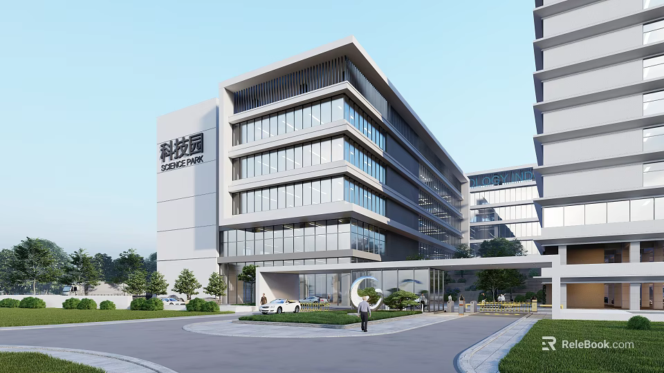Modern Industrial Workshop In Technology Park With Glass Facade And Green Landscape 3d model 
