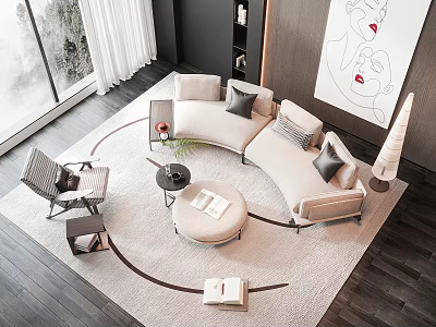 Curved Light Sofa And Round Coffee Table Set Modern Living Room With Throw Pillows Artwork 3d model