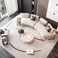 Curved Light Sofa And Round Coffee Table Set Modern Living Room With Throw Pillows Artwork