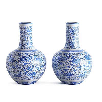 Blue And White Ceramic Vases With Intricate Floral Patterns On White Background 3d model