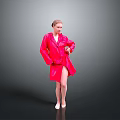 Woman Wearing Red Long Sleeve Robe Adjusting Clothing On Gray Background