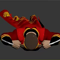 Powerful Game Movie Character In Red Costume With Black Cape And Gold Accents Flexing Muscles