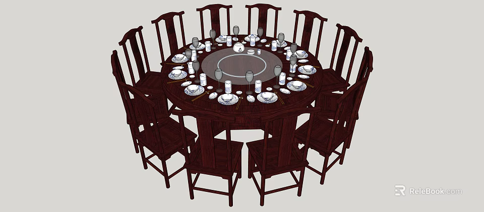 Dark Wooden Round Dining Table Set With Multiple Chairs And Tableware 3d model