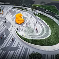 Modern Urban Plaza Design With Circular Layout Yellow Sculpture Lawn Areas And Pedestrians