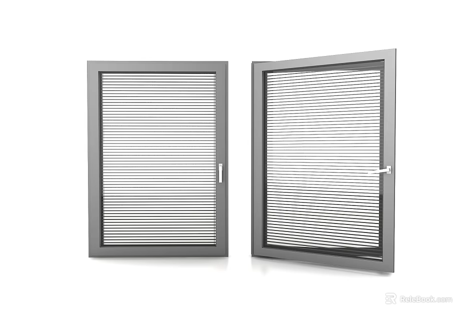 Modern Casement Windows With Gray Frames And Horizontal Blinds In Open And Closed Positions 3d model 