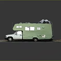 Green Vintage RV With Roof Equipment Parked On Gravel And Paved Area