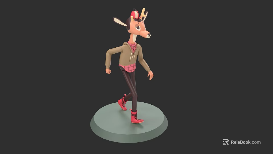 Cute Cartoon Deer Character Wearing Jacket Hat And Red Shoes On Base 3d model 
