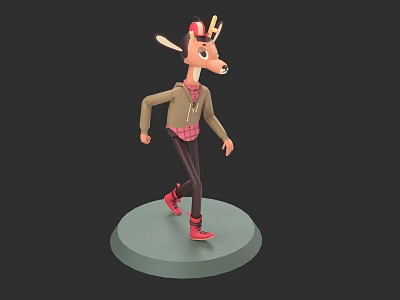Cute Cartoon Deer Character Wearing Jacket Hat And Red Shoes On Base 3d model