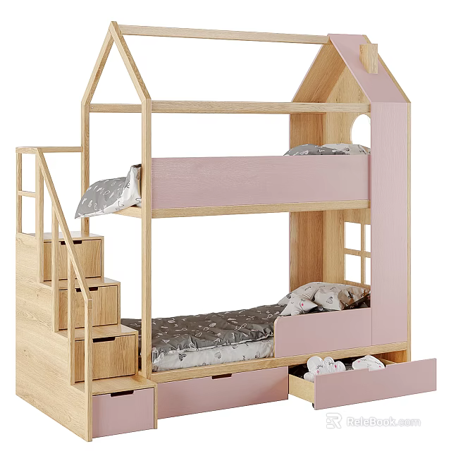 Kids House Shaped Bunk Bed with Step Ladder and Drawers 3d model 