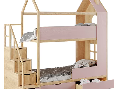 Kids House Shaped Bunk Bed with Step Ladder and Drawers 3d model
