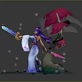 Female Character In Purple Blue Outfit With Red Tree Floating Lotus Petals And Water Area