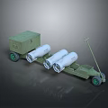 Military Missile Weapon Launcher With Green Storage Box Three White Cylindrical Rockets And Wheeled Base