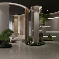 Modern Lobby Interior Design With Reception Desk Green Plants And Lighting