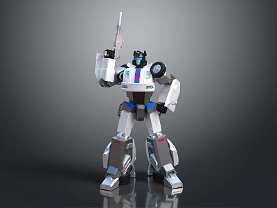 Silver Black Blue Mechanical Robot 3D Model Standing Pose With Raised Right Arm Weapon 3d model