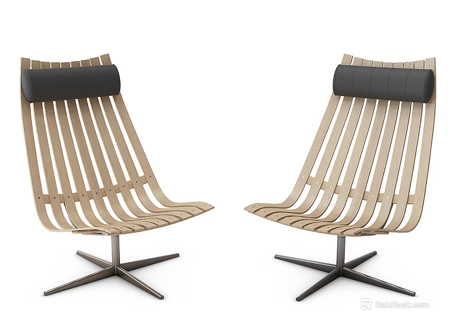Modern Leisure Chairs With Wooden Slat Design Black Cushion And Metal Star Base 3d model 