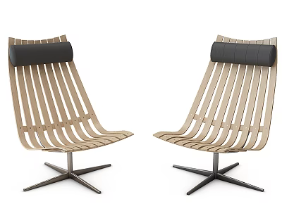 Modern Leisure Chairs With Wooden Slat Design Black Cushion And Metal Star Base 3d model