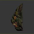 Traditional Green Cultural Mask With Yellow Decorations And Red Eyes Artifact