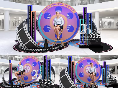 Movie Themed Photo Spot Featuring Large Film Reel Clapperboard Number 26 And Fantasy Decor 3d model