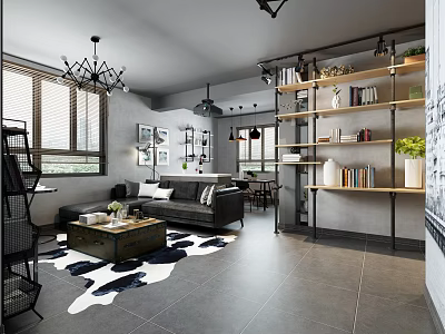 Industrial Style Open Plan Living And Dining Room With Chic Vintage Modern Interior Decor 3d model