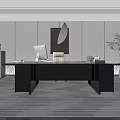 Modern Office Desk With Computer Monitor Office Supplies And Potted Plant In Bright Room