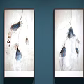 Six Abstract Paintings Hanging on Dark Blue Wall With Diverse Styles Vibrant Colors and Artistic Brushstrokes