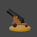 Vintage Black Cannon with Wooden Carriage and Wheels on Yellow Tiled Base