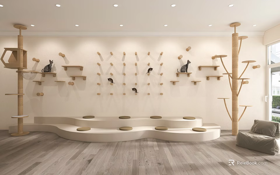 Indoor Cat Playroom With Wooden Shelves Wall Mounted Perches Platform Beds And Tall Cat Tree 3d model 