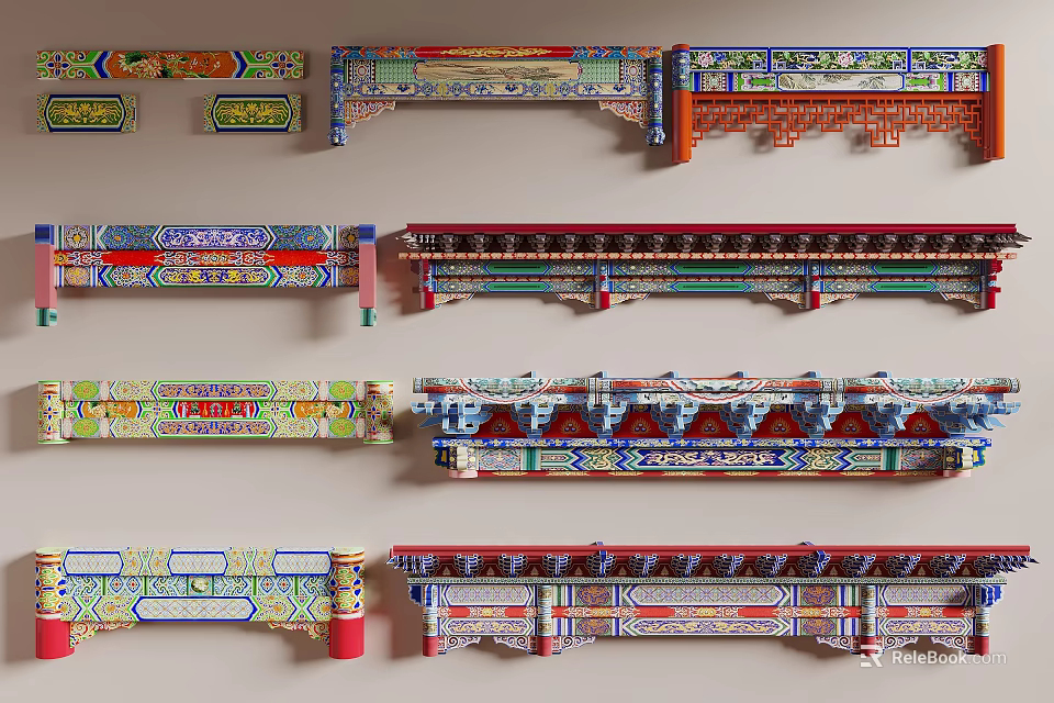 Traditional Architectural Components With Colorful Decorative Carvings And Classic Design Elements 3d model 