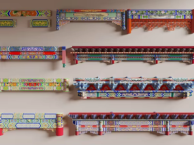 Traditional Architectural Components With Colorful Decorative Carvings And Classic Design Elements 3d model