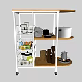 Kitchen Cart With Wooden Top White Metal Frame Holding Pots Baskets Fruits And Bottles