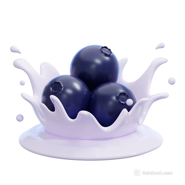 Fresh Juicy Blueberries Surrounded by Splashing Milk and Creamy Background 3d model 